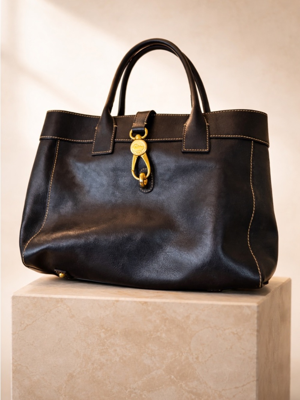 Dooney & Bourke Black Leather Top-Handle Shoulder Bag with Gold Hardware